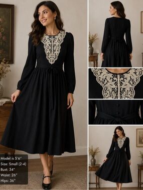 Black Long Sleeve Midi Dress with Cream Lace Bib - Women